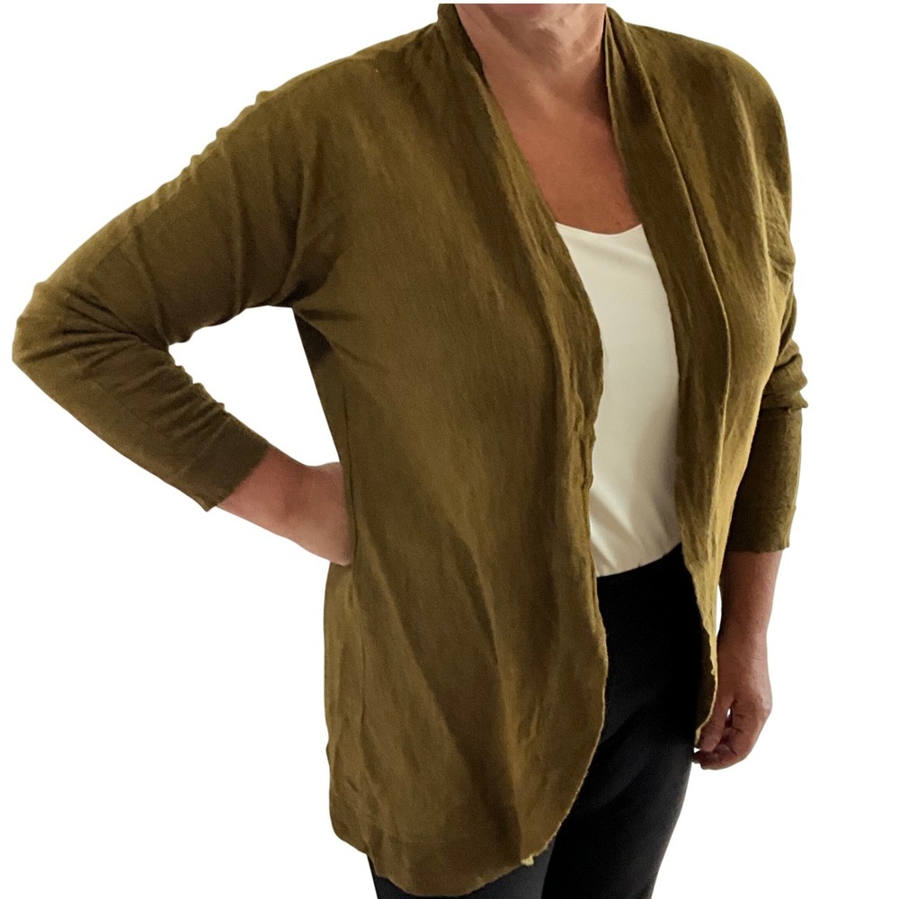 Eileen Fisher Cardigan Open Front Mustard Tan Lightweight‎ Long Sleeve Large